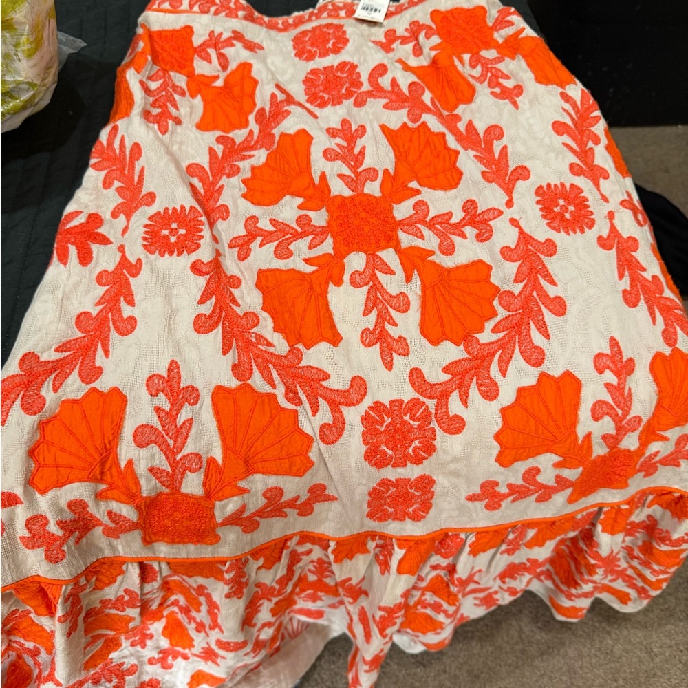 Anthropologie White and Orange Embroidered Midi Skirt